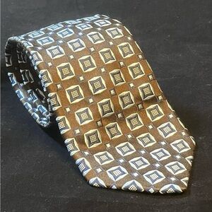 Saks Fifth Avenue Brown Geometric Silk Tie with Blue & Cream Accents